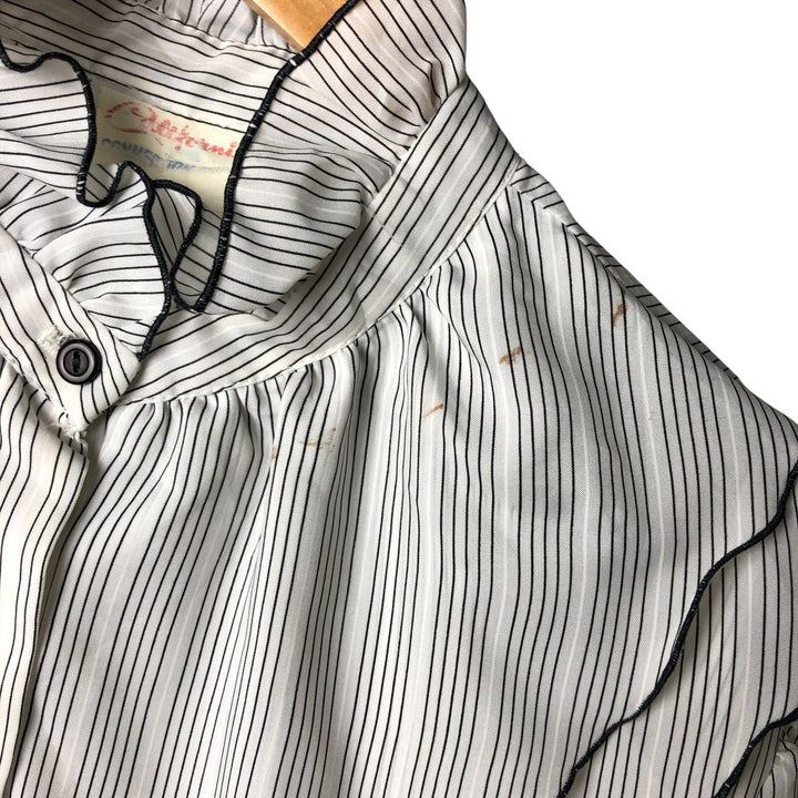 CALIFORNIA Stripe Pattern Stand Collar Yoke Long Sleeve Ruffle Blouse Women's Size Medium unclear gray type Vintage Second Hand