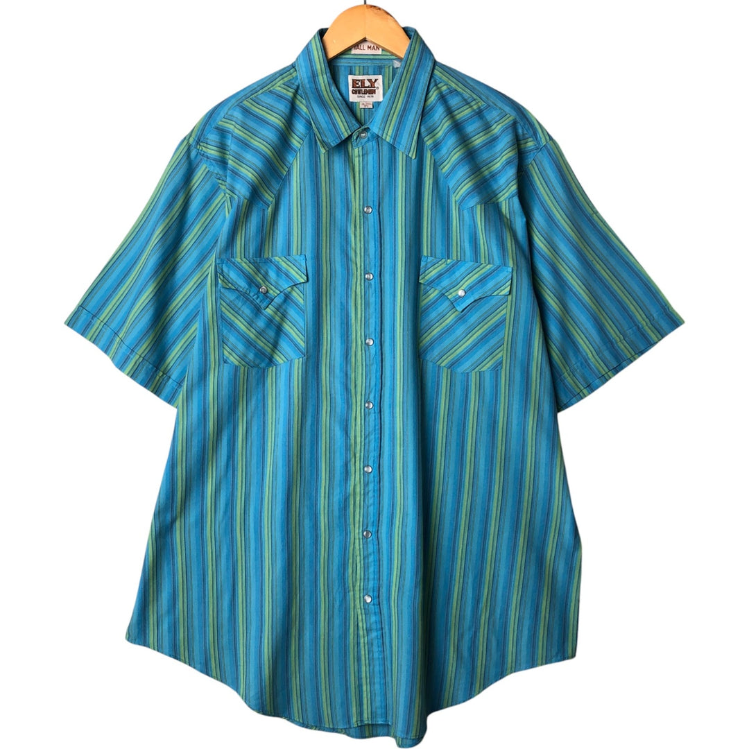 Vintage 1970'S Ely Cattleman Tall Man Striped Pattern Short Sleeve Western Shirt, Men's Size XL unclear turquoise blue Vintage Second Hand