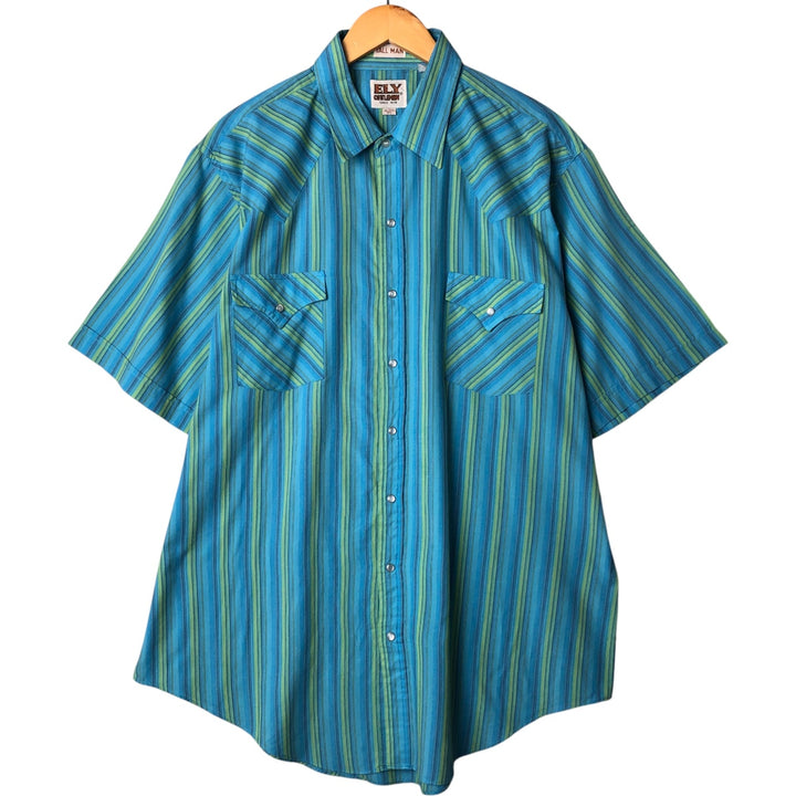 Vintage 1970'S Ely Cattleman Tall Man Striped Pattern Short Sleeve Western Shirt, Men's Size XL unclear turquoise blue Vintage Second Hand