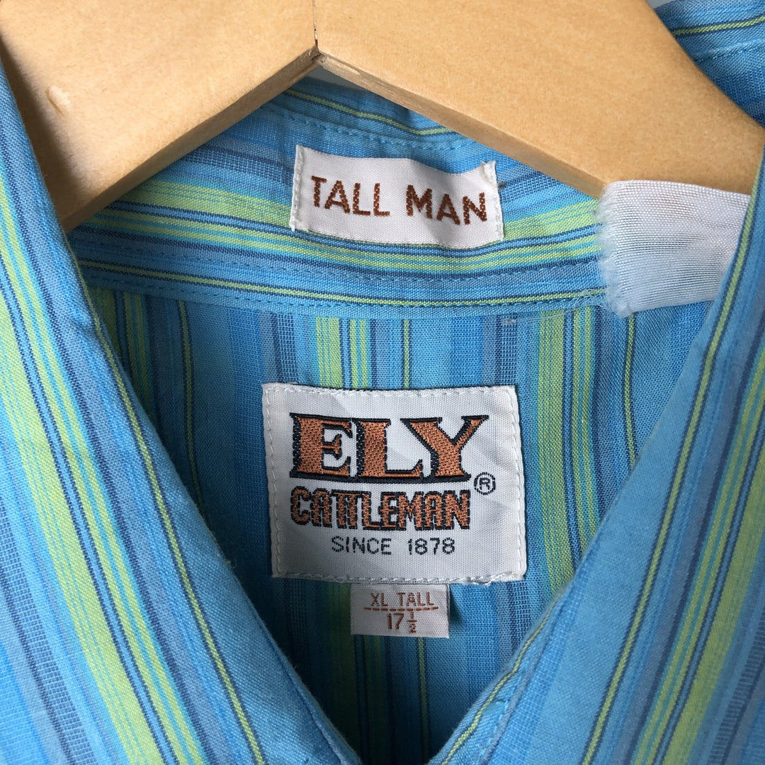 Vintage 1970'S Ely Cattleman Tall Man Striped Pattern Short Sleeve Western Shirt, Men's Size XL unclear turquoise blue Vintage Second Hand