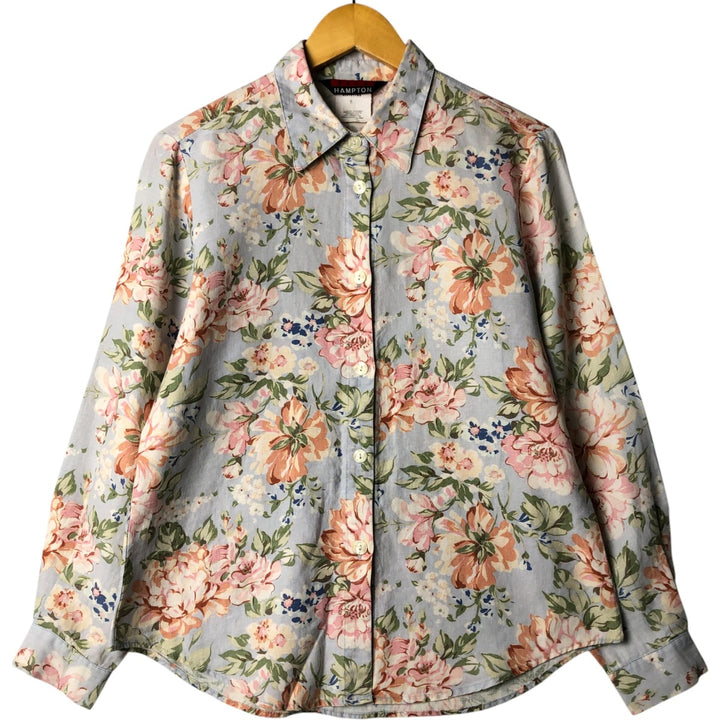JILL HAMPTON Floral Print Long Sleeve Linen Shirt, Made in Canada, Women's Size Medium linen Blue type light blue Vintage Second Hand