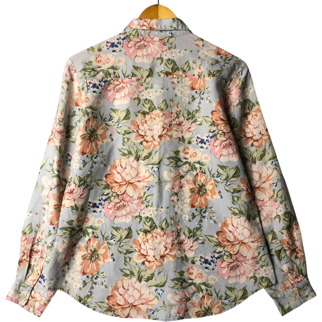 JILL HAMPTON Floral Print Long Sleeve Linen Shirt, Made in Canada, Women's Size Medium linen Blue type light blue Vintage Second Hand