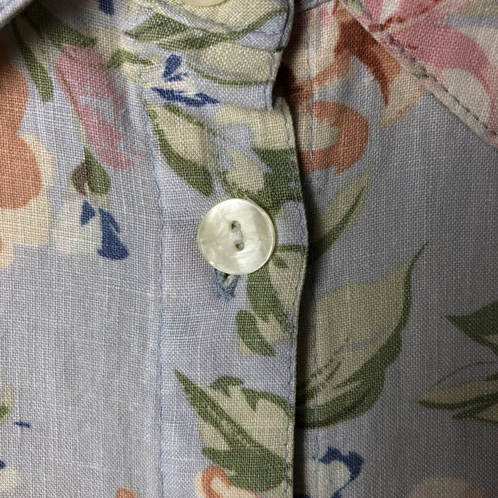 JILL HAMPTON Floral Print Long Sleeve Linen Shirt, Made in Canada, Women's Size Medium linen Blue type light blue Vintage Second Hand