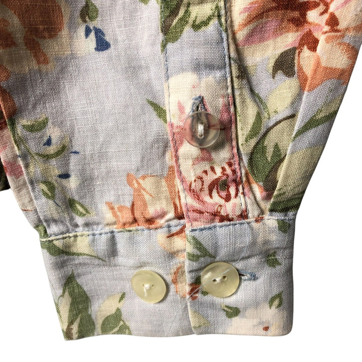 JILL HAMPTON Floral Print Long Sleeve Linen Shirt, Made in Canada, Women's Size Medium linen Blue type light blue Vintage Second Hand