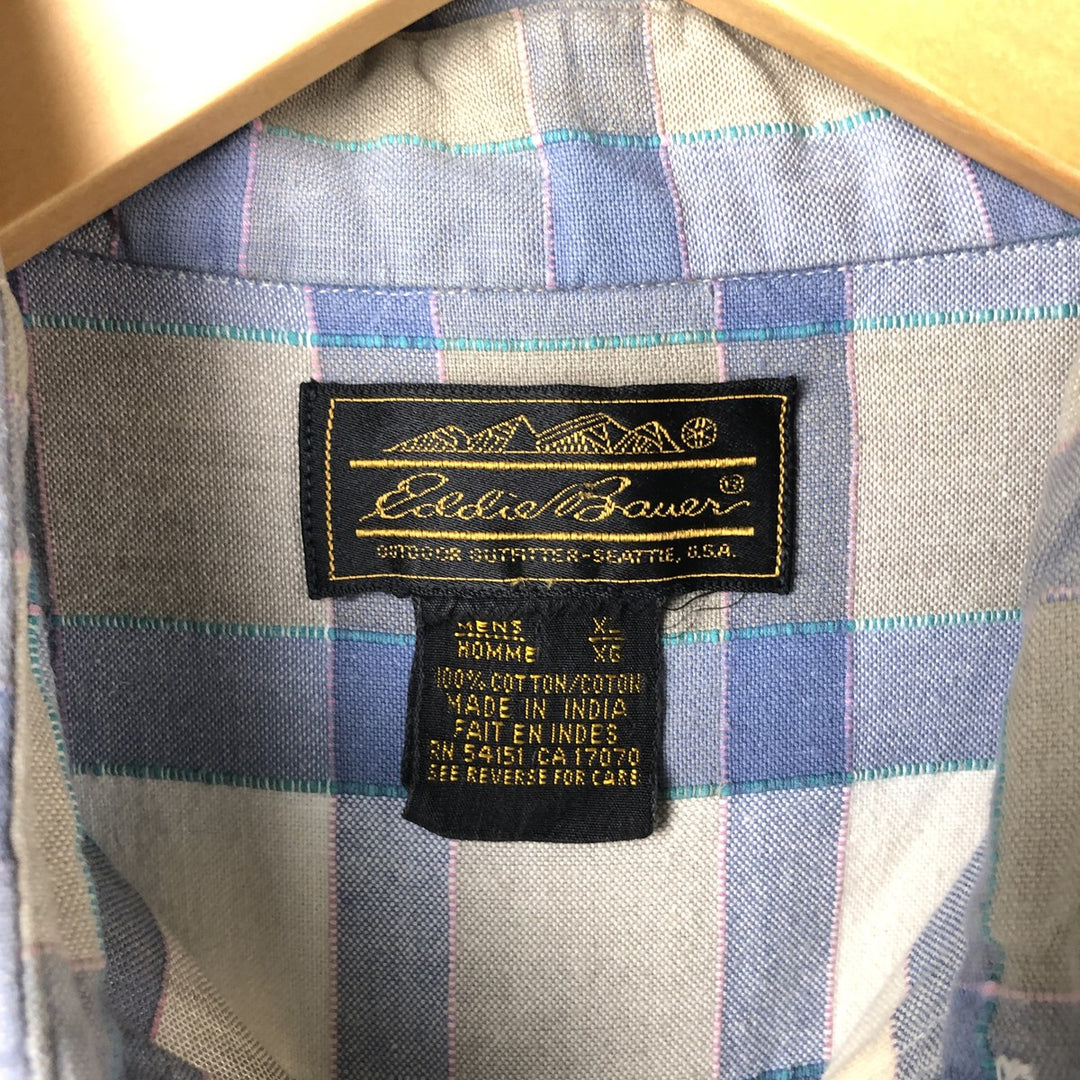 Vintage 80s-90'S Eddie Bauer long-sleeved cotton plaid shirt with black tag, men's size XL cotton Blue type light blue Vintage Second Hand