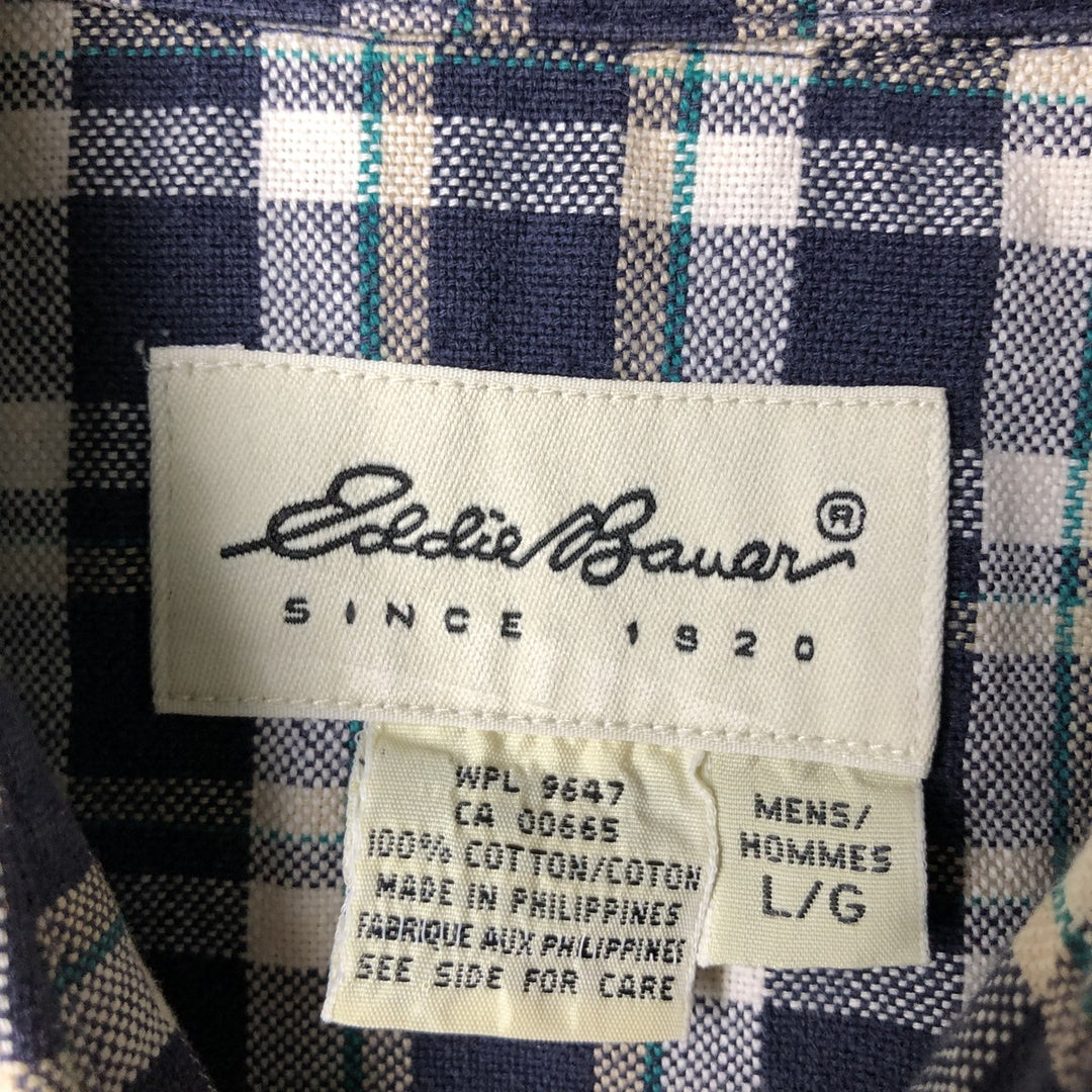 Eddie Bauer Long Sleeve Button-Down Check Shirt, Men's Size L cotton navy blue type Vintage Second Hand