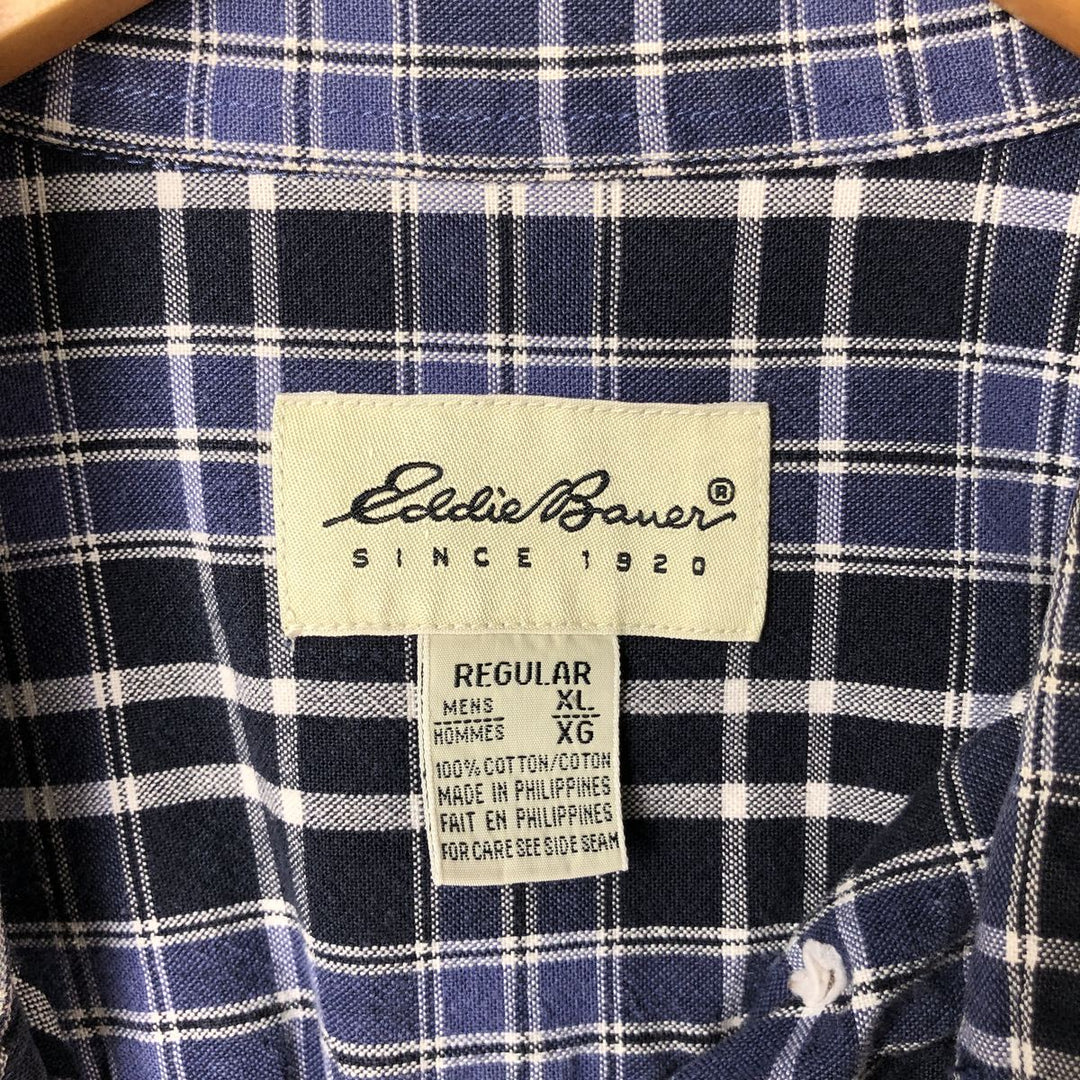 Eddie Bauer Long Sleeve Button-Down Check Shirt, Men's XL cotton Navy blue Vintage Second Hand