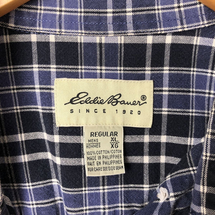 Eddie Bauer Long Sleeve Button-Down Check Shirt, Men's XL cotton Navy blue Vintage Second Hand