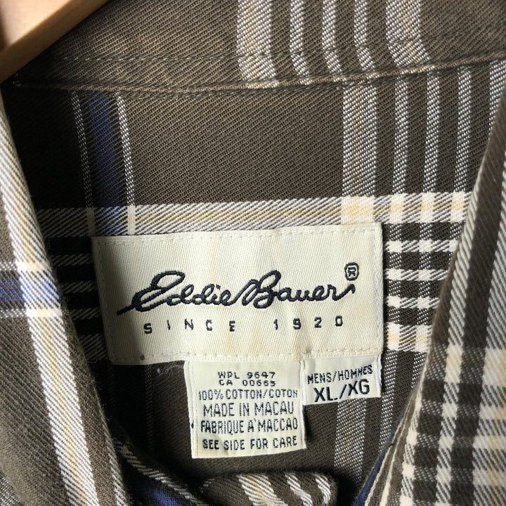 Eddie Bauer Long Sleeve Button-Down Check Shirt, Men's XL cotton Khaki type brown Vintage Second Hand