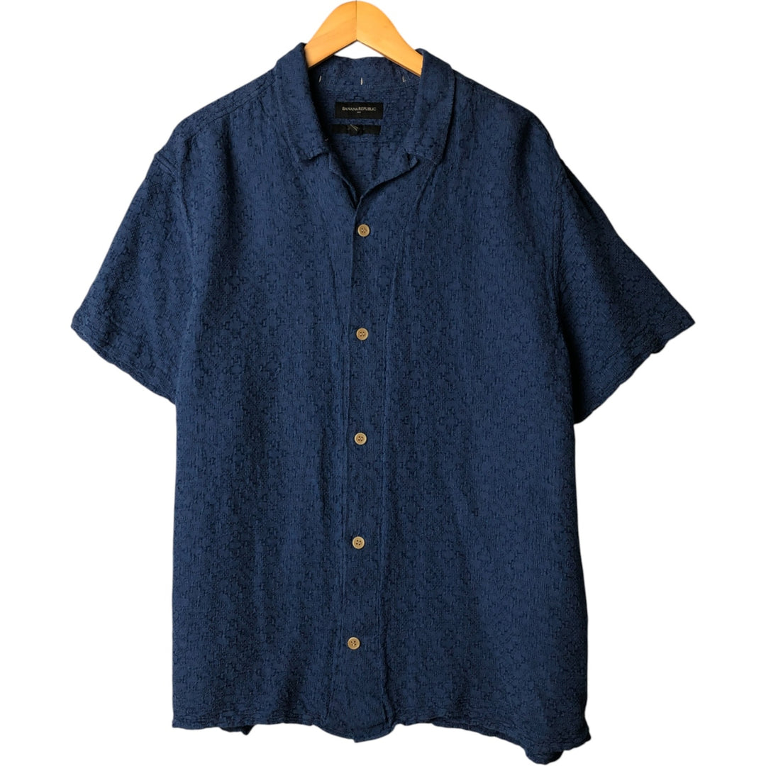 2000'S Banana Republic all-over print short-sleeved open-collar linen and cotton box shirt, men's XL linen Navy blue Vintage Second Hand