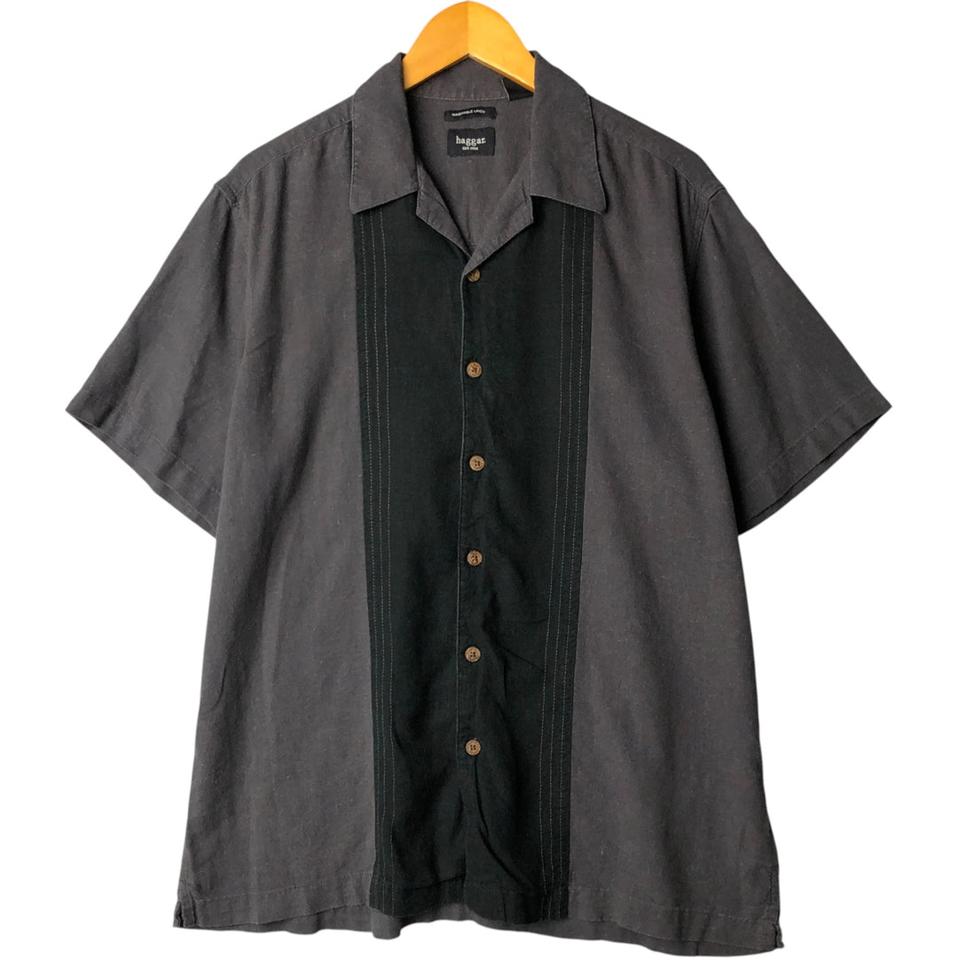 Haggar short-sleeved open-collar linen and rayon box shirt, men's size L linen black type Vintage Second Hand