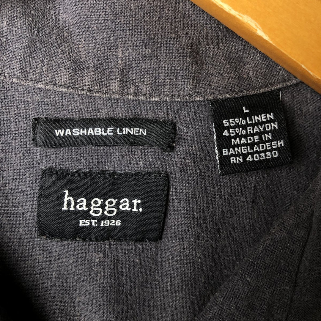 Haggar short-sleeved open-collar linen and rayon box shirt, men's size L linen black type Vintage Second Hand