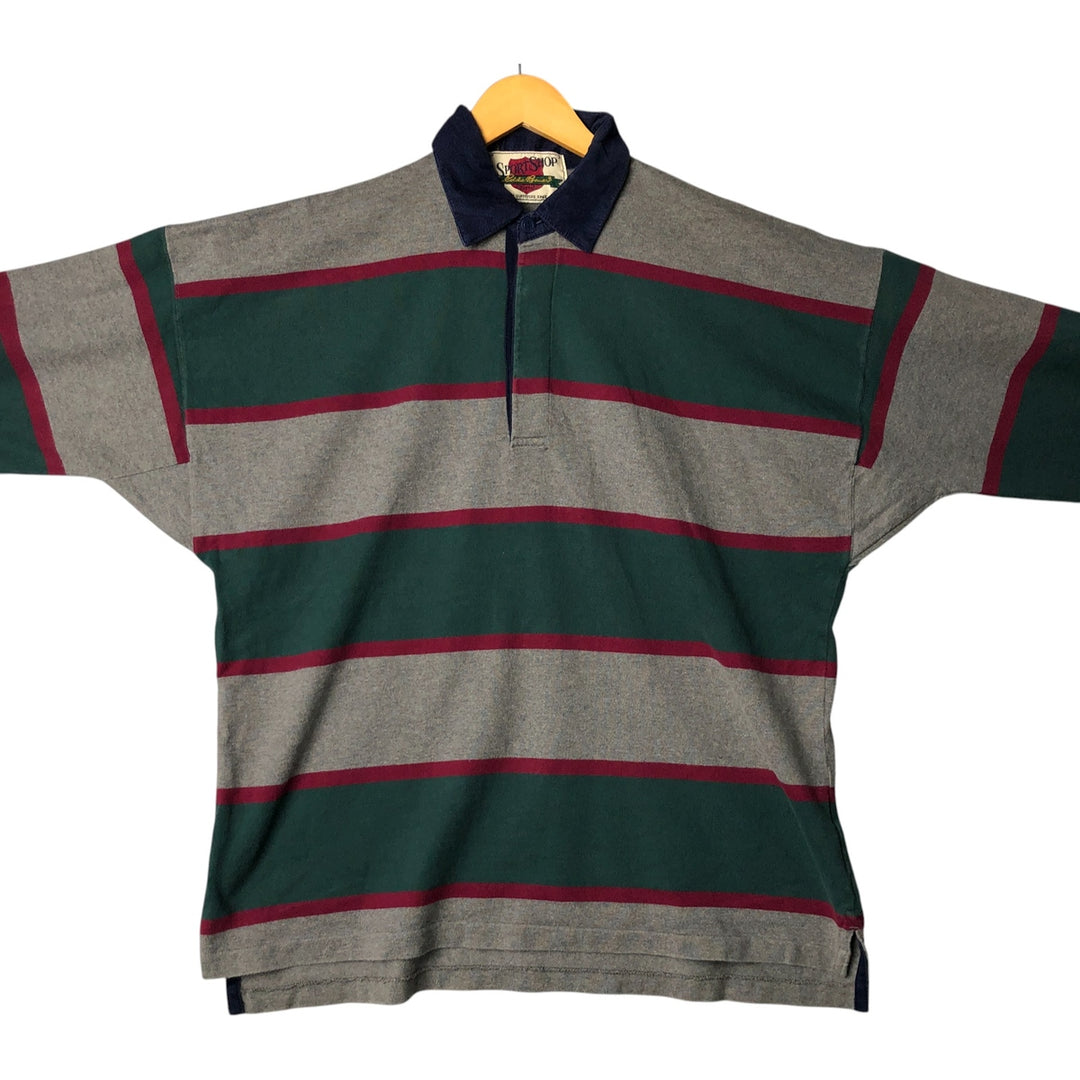 Vintage 1990'S Eddie Bauer multi-border long-sleeved rugby shirt, men's size XL cotton Green type dark green Vintage Second Hand