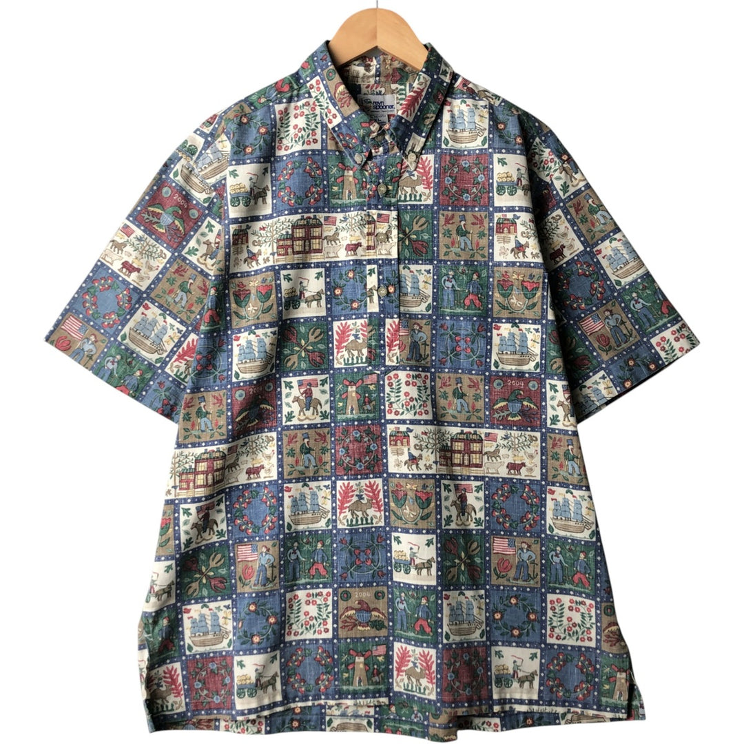 90'S Reyn Spooner Swimsuit Tag Bikini Tag All-over Print Pullover Button-down Hawaiian Aloha Shirt Box Shirt cotton navy blue type Vintage Second Hand
