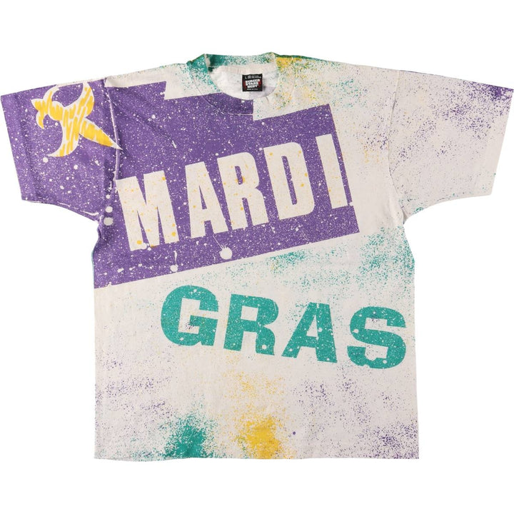 90'S Screen Stars Mardi Gras All-Over Print T-Shirt Made in USA Men's L Size Vintage cotton white type Vintage Second Hand