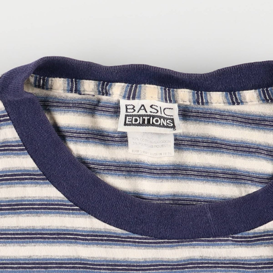 90'S BASIC EDITIONS Striped T-shirt Made in USA Men's L size Vintage cotton blue type Vintage Second Hand