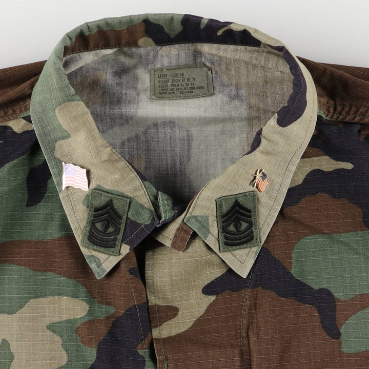 90'S US Military Genuine Camouflage Pattern Woodland Camo Ripstop BDU Military Jacket Made in USA LARGE-REGULAR Men's L Size Nylon Khaki type Vintage Second Hand