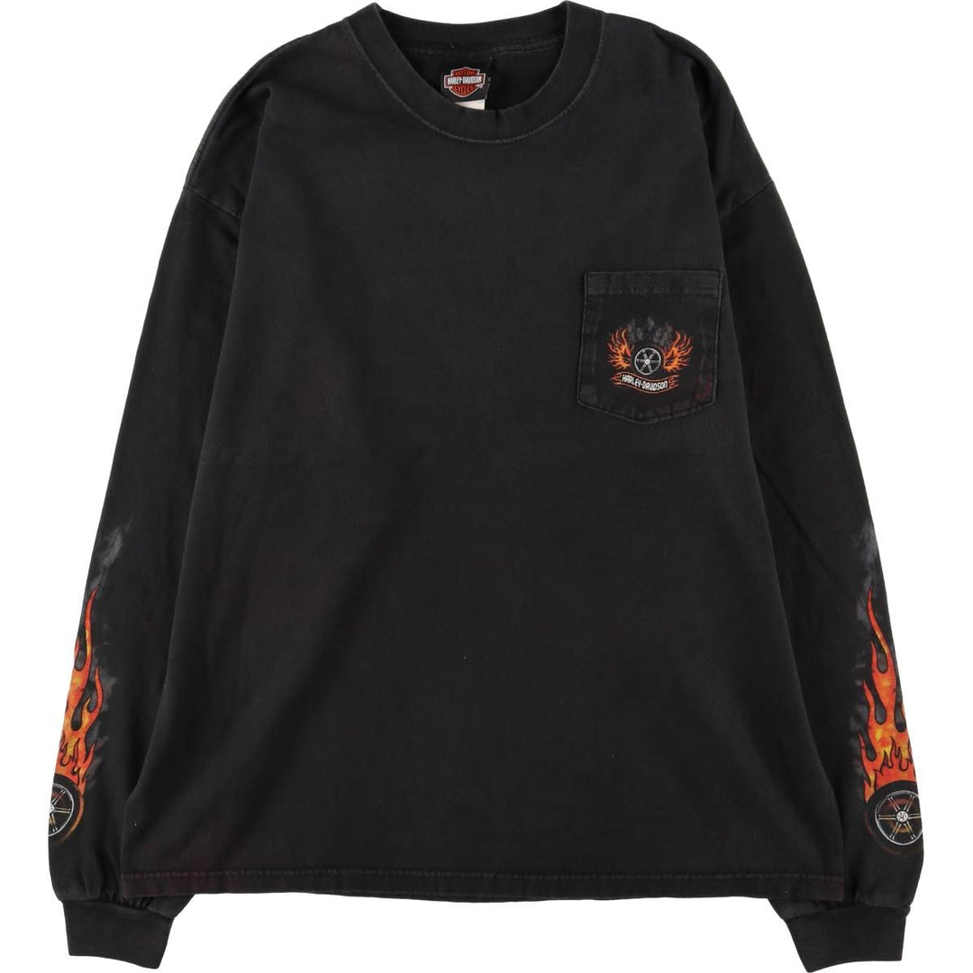 2000'S Harley-Davidson Fire Pattern Long Sleeve T-Shirt, Made in USA, Men's Size XL cotton black type Vintage Second Hand