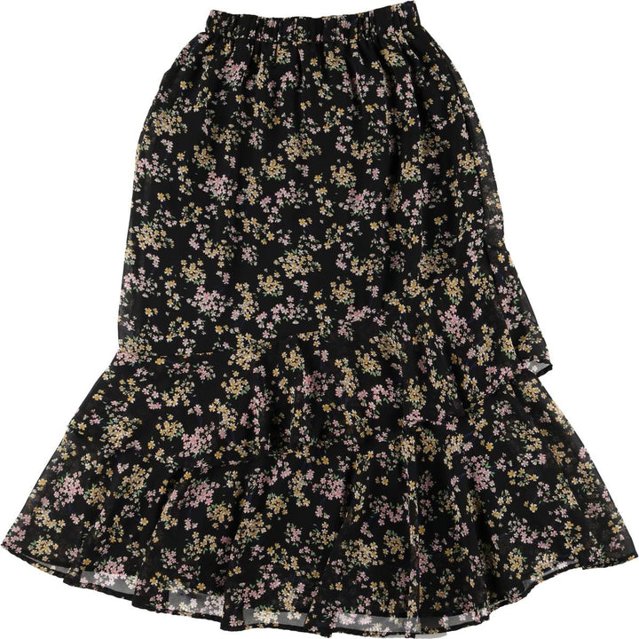 SINSAY All-Over Botanical Pattern Long Tiered Skirt, Women's Size M unclear black type Vintage Second Hand