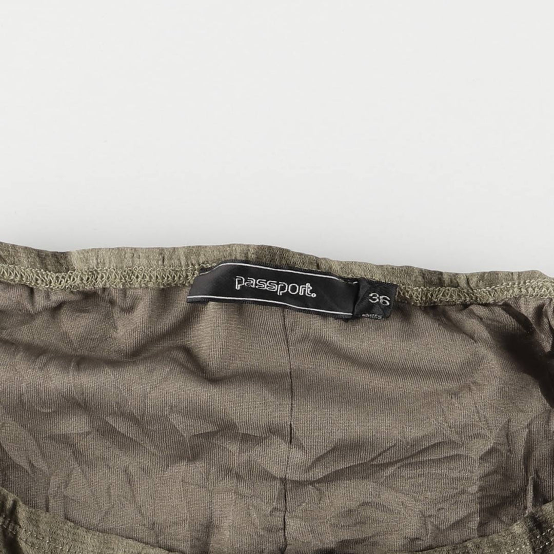 PASSPORT All-Over Print Irregular Hem Midi-Length Flared Skirt, Women's Size M polyester Khaki type Vintage Second Hand