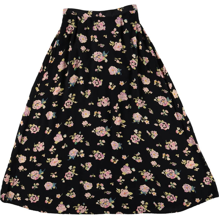 CLIO PETITES All-Over Floral Rayon Midi-Length Flared Skirt, Made in USA, Women's Size Small Rayon black type Vintage Second Hand