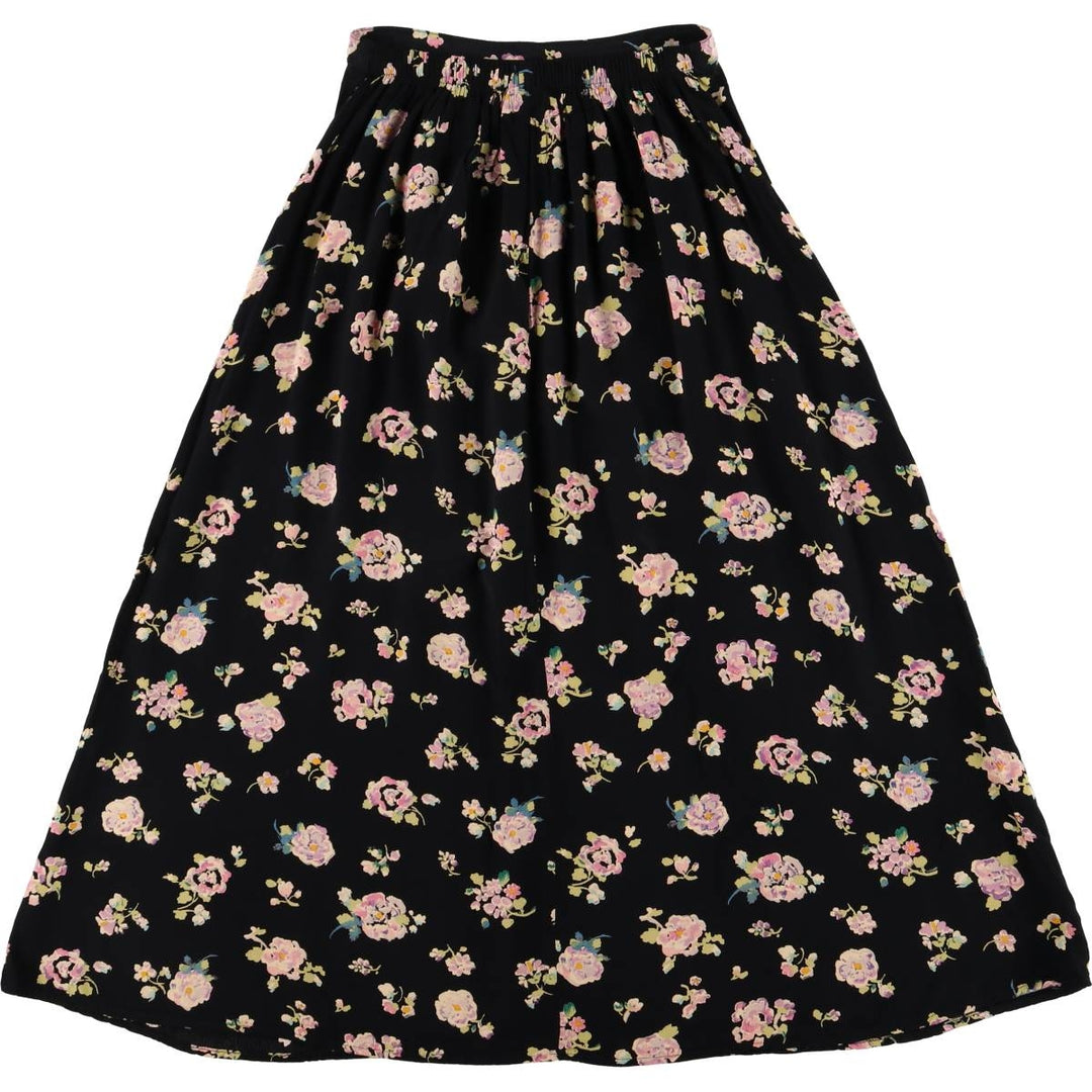 CLIO PETITES All-Over Floral Rayon Midi-Length Flared Skirt, Made in USA, Women's Size Small Rayon black type Vintage Second Hand