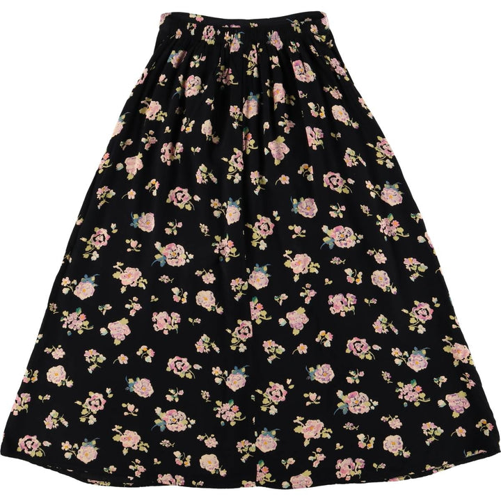 CLIO PETITES All-Over Floral Rayon Midi-Length Flared Skirt, Made in USA, Women's Size Small Rayon black type Vintage Second Hand