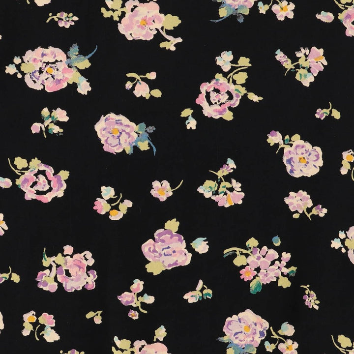 CLIO PETITES All-Over Floral Rayon Midi-Length Flared Skirt, Made in USA, Women's Size Small Rayon black type Vintage Second Hand