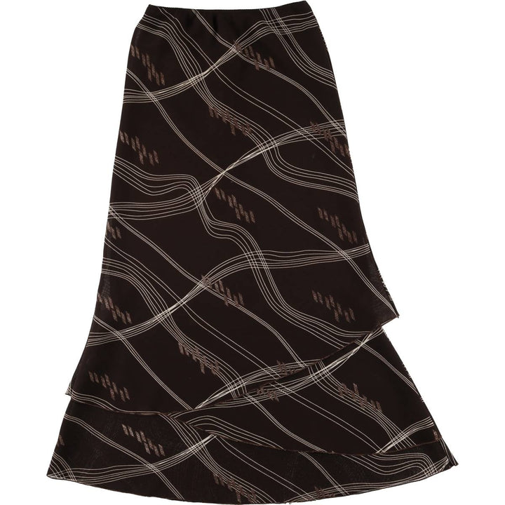 All-over print long A-line tiered skirt, women's size XS unclear brown type Vintage Second Hand
