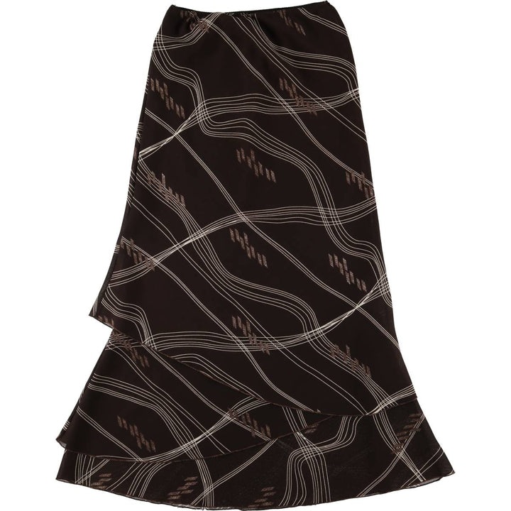 All-over print long A-line tiered skirt, women's size XS unclear brown type Vintage Second Hand