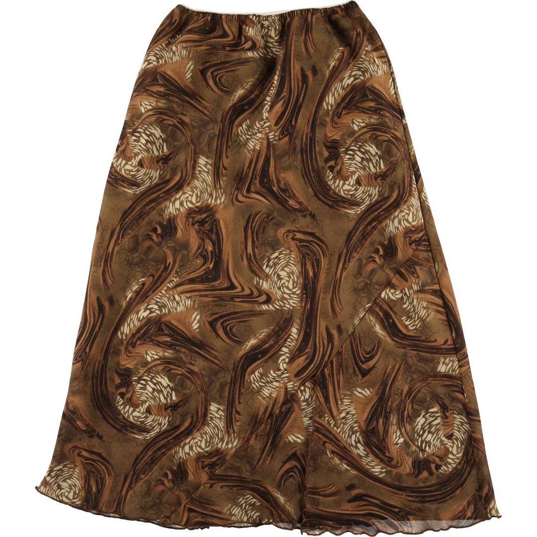 All-over print long A-line skirt, women's size L unclear brown type Vintage Second Hand