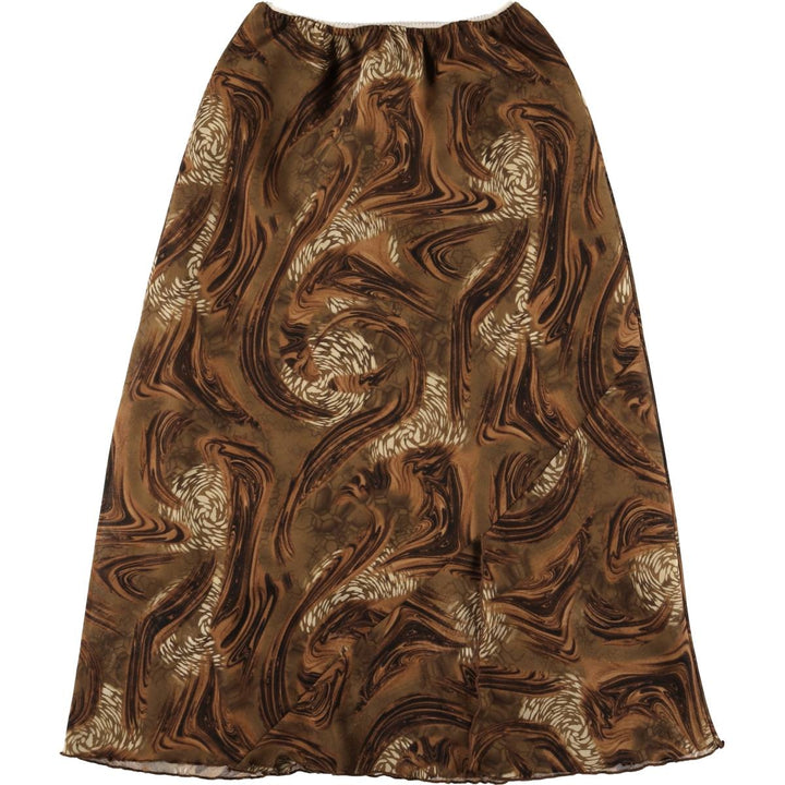 All-over print long A-line skirt, women's size L unclear brown type Vintage Second Hand