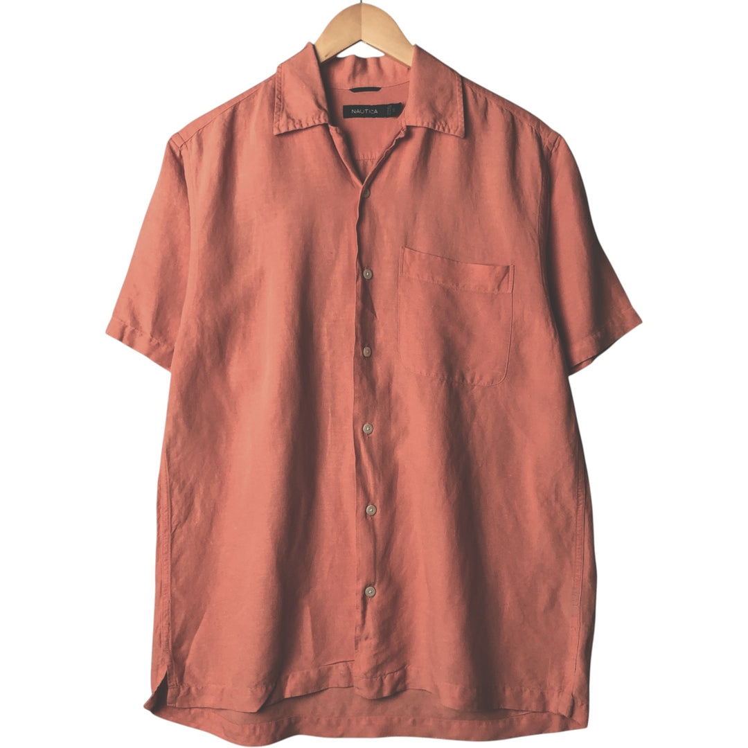 2000'S ~ NAUTICA Short Sleeve Open Collar Rayon and Linen Box Shirt, Men's Size Small linen orange type Vintage Second Hand