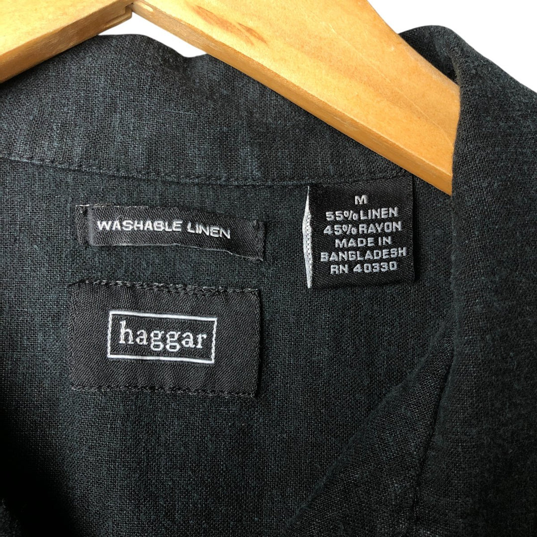 Haggar Washable Linen Two-Tone Short Sleeve Open Collar Rayon and Linen Box Shirt, Men's Size Medium linen black type Vintage Second Hand
