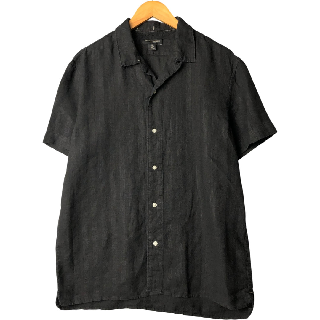 2000'S Banana Republic Stripe Pattern Short Sleeve Open Collar Linen Shirt, Men's Size M linen black type Vintage Second Hand