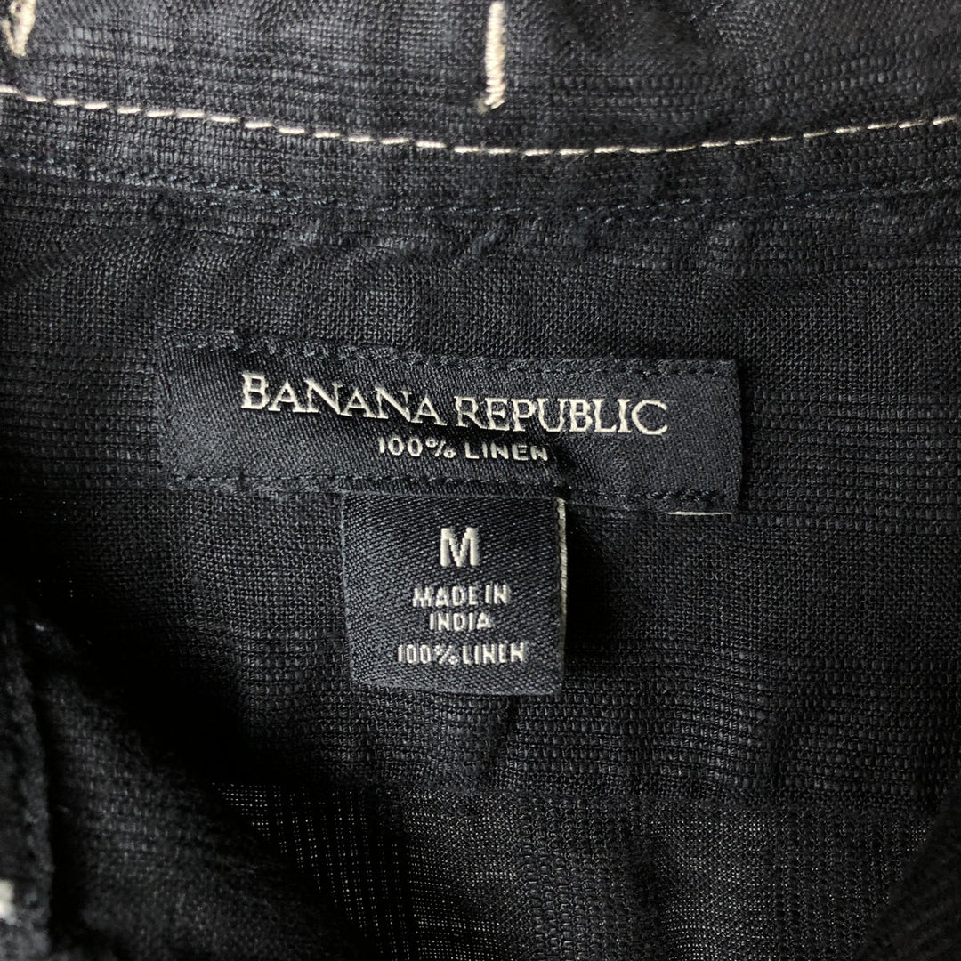 2000'S Banana Republic Stripe Pattern Short Sleeve Open Collar Linen Shirt, Men's Size M linen black type Vintage Second Hand