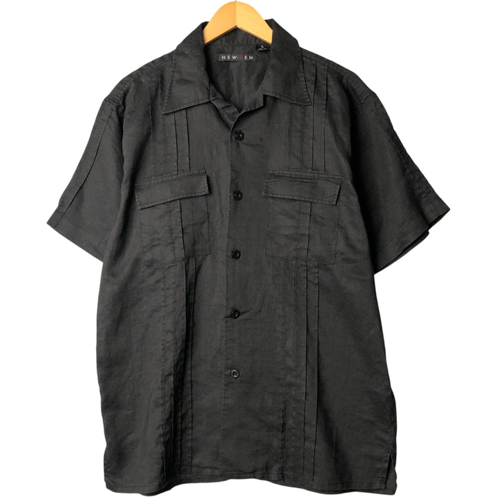 NEW GEN Short Sleeve Open Collar Linen Shirt, Box Shirt, Men's Size L linen black type Vintage Second Hand