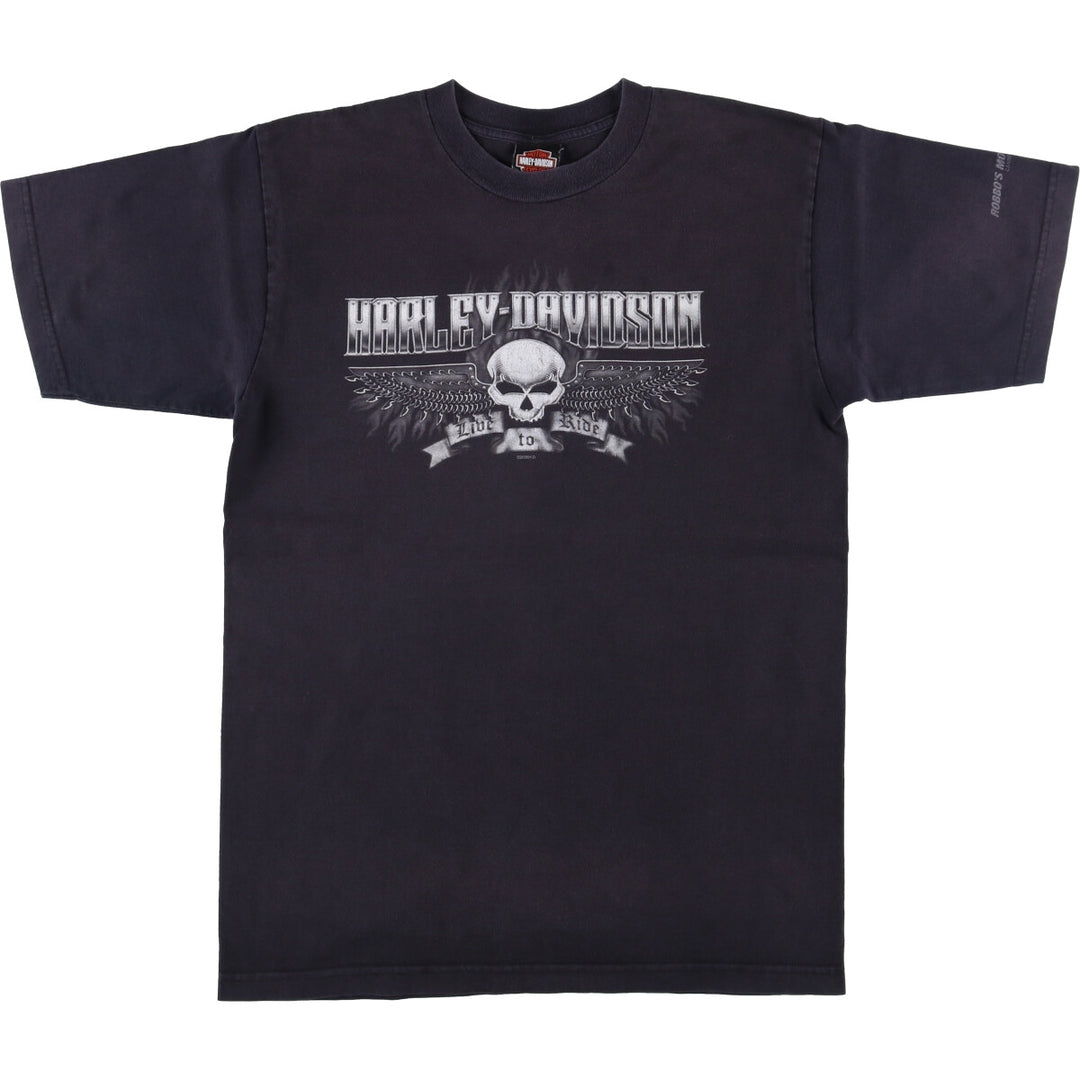 2000'S Harley-Davidson Skull Pattern with Skull Wings Motorcycle T-Shirt, Made in USA, Men's Size Large cotton black type Vintage Second Hand