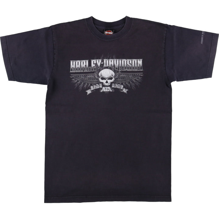 2000'S Harley-Davidson Skull Pattern with Skull Wings Motorcycle T-Shirt, Made in USA, Men's Size Large cotton black type Vintage Second Hand
