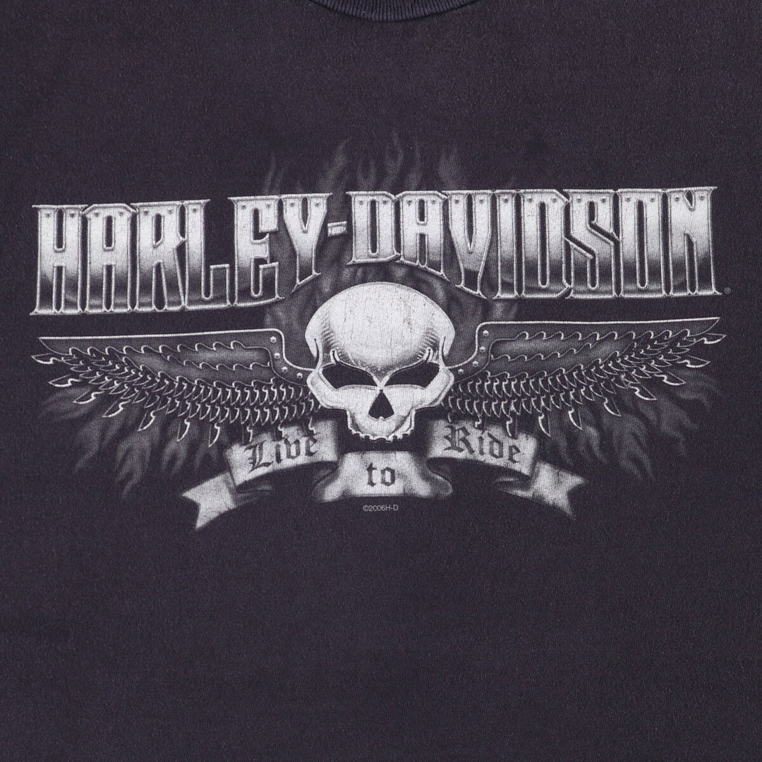 2000'S Harley-Davidson Skull Pattern with Skull Wings Motorcycle T-Shirt, Made in USA, Men's Size Large cotton black type Vintage Second Hand