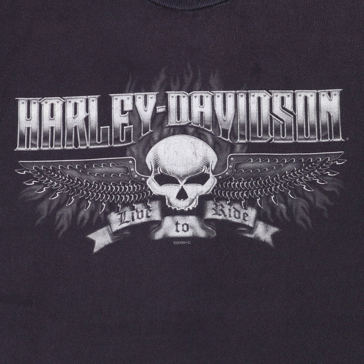 2000'S Harley-Davidson Skull Pattern with Skull Wings Motorcycle T-Shirt, Made in USA, Men's Size Large cotton black type Vintage Second Hand