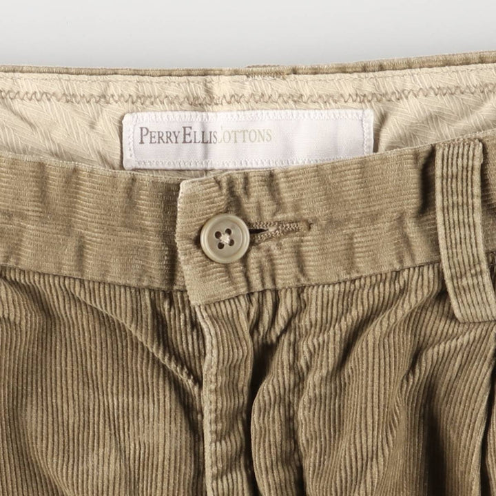 Perry Ellis Cotton Two-pleat Corduroy Pants, Men's, Size W34 cotton Beige type Vintage Second Hand