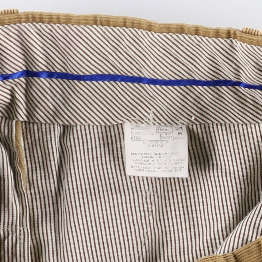 Barneys New York corduroy pants, made in Canada, men's size W34 cotton Khaki type beige Vintage Second Hand