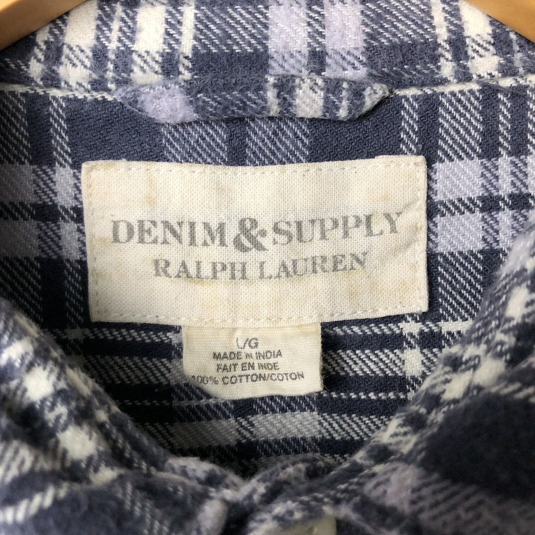 Ralph Lauren DENIM AND SUPPLY Check Pattern Long Sleeve Flannel Check Shirt, Men's Size L cotton navy blue type Vintage Second Hand