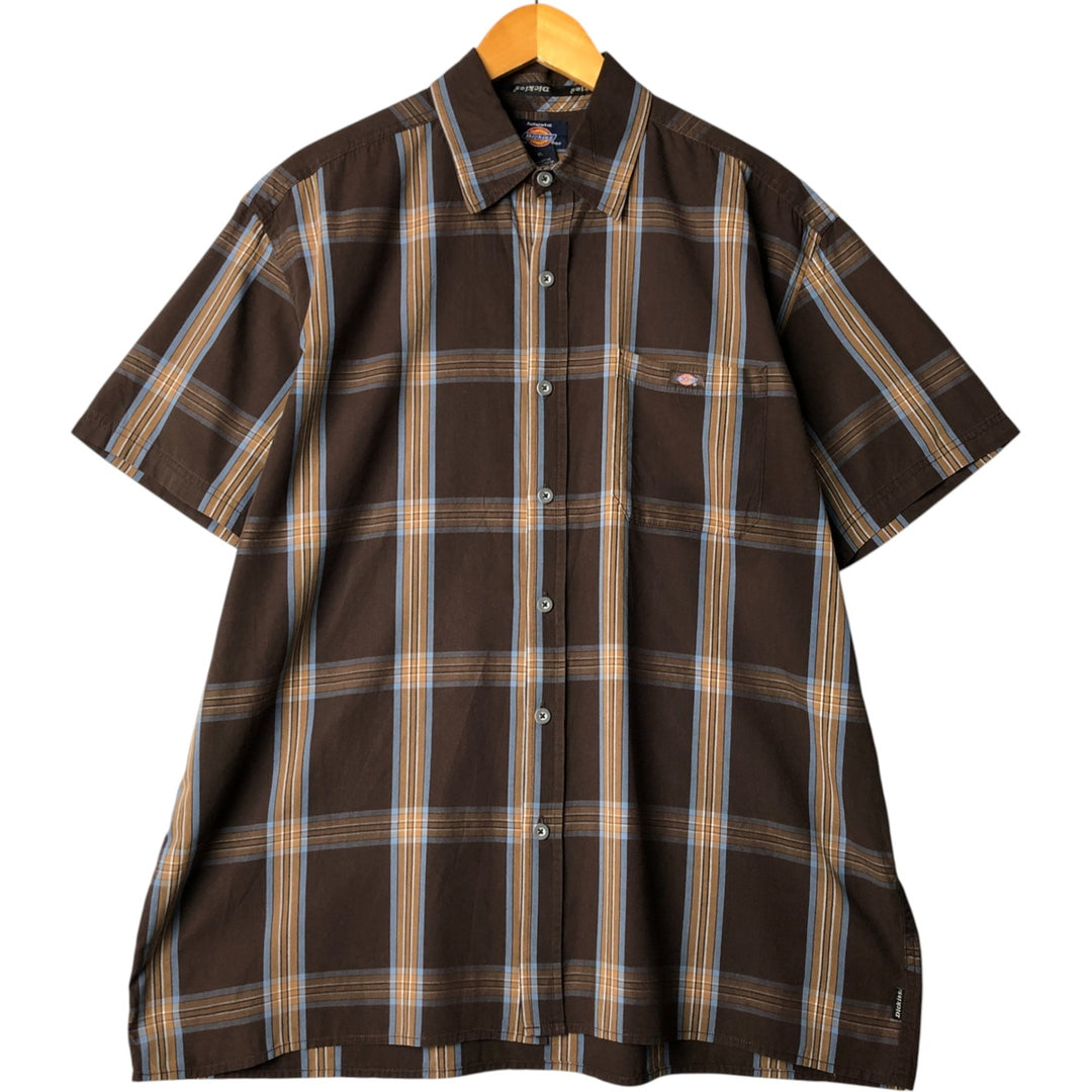 Dickies Check Pattern Short Sleeve Work Shirt Box Shirt Men's XL cotton brown type Vintage Second Hand