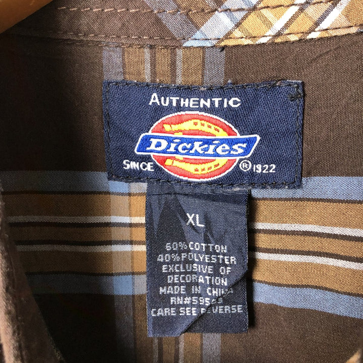 Dickies Check Pattern Short Sleeve Work Shirt Box Shirt Men's XL cotton brown type Vintage Second Hand