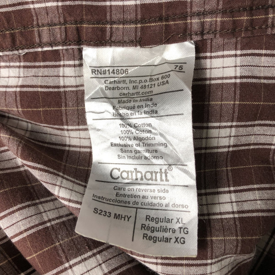 Carhartt Check Pattern Button-down Short Sleeve Work Shirt, Men's XL cotton brown type Vintage Second Hand
