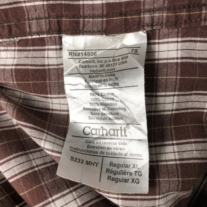 Carhartt Check Pattern Button-down Short Sleeve Work Shirt, Men's XL cotton brown type Vintage Second Hand