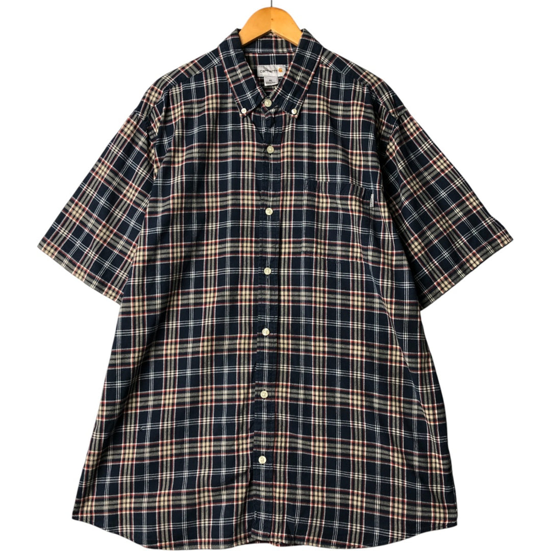 Carhartt Check Pattern Button-down Short Sleeve Work Shirt, Men's XL cotton navy blue type Vintage Second Hand