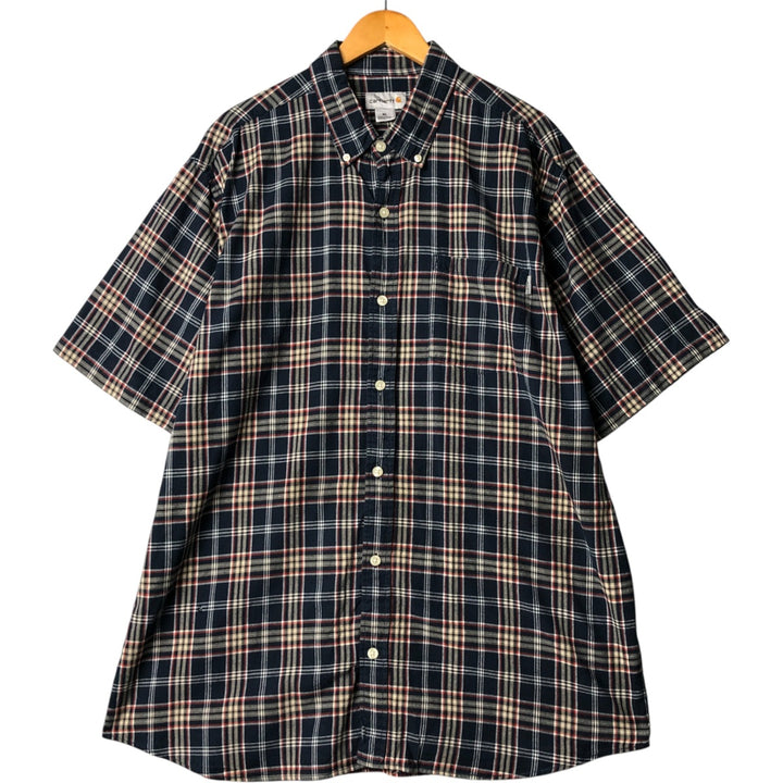 Carhartt Check Pattern Button-down Short Sleeve Work Shirt, Men's XL cotton navy blue type Vintage Second Hand